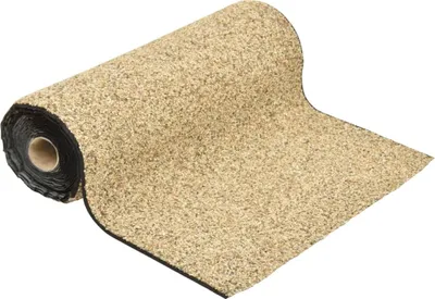 A roll of material with a textured, granular surface is shown diagonally against a white background. The roll is partially unrolled, revealing the textured material and a dark backing.