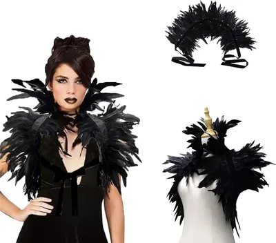 Produktbild von Federkragen Gothic Schwarz, Damen-Feder-Umhang Cape Stola Shrug, Schulterflügel Kostüm-Accessoire für Karneval & Halloween