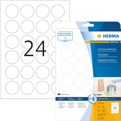 Produktbild von Verschlussetiketten transparent stark haftend 40mm Special A4 V=600 Packung mit 32 Stück