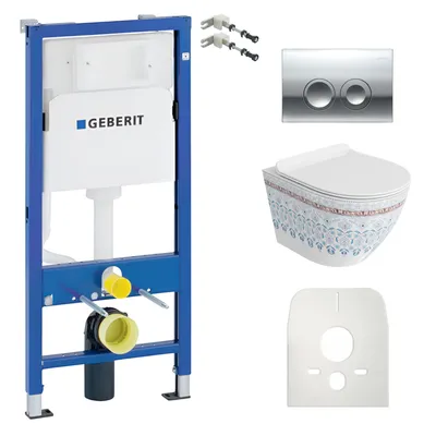 Produktbild von DOMINO  Geberit Duofix Basic Vorwandelement +  Wand-WC Tiefspül Sofi Slim Becken Folklor Spülrandlos +  Bedienplatte Delta 25 für Doppelspülung  | Set