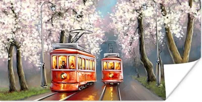 Produktbild von MuchoWow® Poster Gemälde - Ölgemälde - Straßenbahn - Blühender Baum 40x20 cm - Poster für die Wand - Poster Schlafzimmer