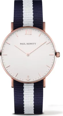 A close-up, studio shot of a PAUL HEWITT watch with a navy and white striped fabric strap.