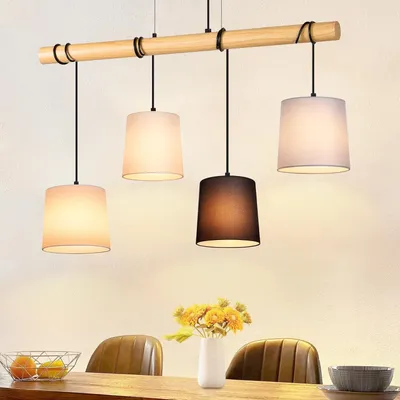 Image de ZMH lampe suspendue bois vintage lampe de table lampe suspendue E27 blanc 1 flamme tissu cuisine rustique pour salle à manger salon chambre à coucher