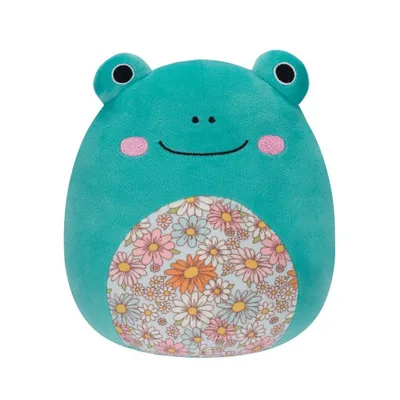 A plush toy frog with a floral pattern on its belly, presented against a white background.