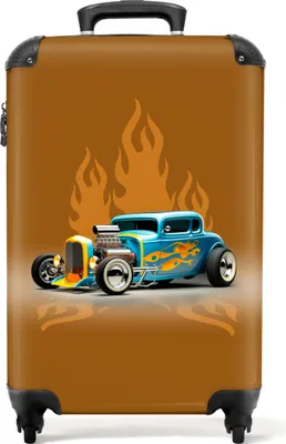 Obrázok produktu pre NoBoringSuitcases.com® Kufr Príručná batožina na kolieskach Rolling suitcase Malý kufor na 4 kolieskach - Car - Yellow - Flames - Vintage - Cabin Size < 55x40x23 cm & 55x40x20 cm - Foto kufor - Cabin suitcase - Board luggagePríručná batožina Kufor 55x35x20 cm, 36L,
