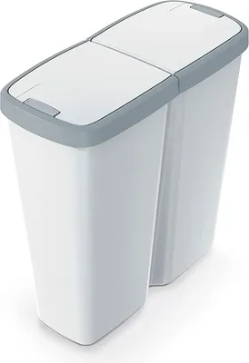 A white and gray dual-compartment trash can with lids.