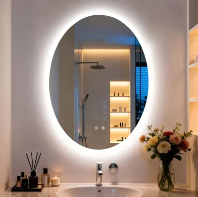 Obrázek produktu pro WISFOR Oválné LED zrcadlo do koupelny, 50x70 cm, nástěnné zrcadlo s osvětlením, dotykové ovládání, stmívání, paměťová funkce, stupeň krytí IP66