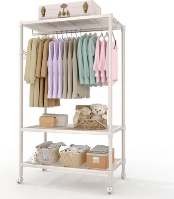 Immagine prodotto di Portaabiti – Appendiabiti su ruote – In metallo resistente – Mobile con ruote – Ganci laterali – Armadio indipendente – Bianco