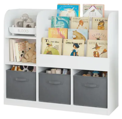 Immagine prodotto di Organizer per bambini GINGER HOME, scaffale con scomparti per giocattoli e libri, 3 contenitori in tessuto, legno, bianco, 92 x 30 x 80 cm, stile Montessori