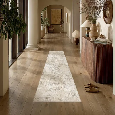 Productafbeelding van Loopmat voor hal, 60x180 cm, beige, wasbaar, modern, abstract