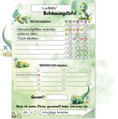Produktbild von Belohnungstafel Kinder A4 Block Dino - Motiviert Kinder spielerisch | 25 Blatt Belohnungstafel Kinder ab 3 | Belohnungssystem Kinder für Mädchen und Jungen