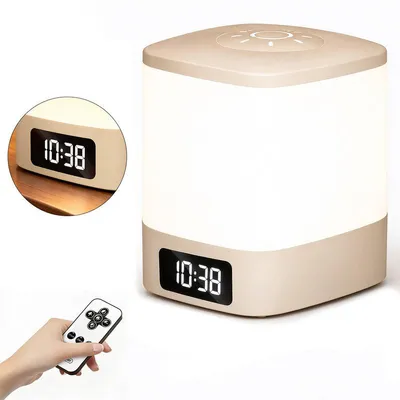 Produktbild von LED Nachttischlampe dimmbar, Touch Tischleuchte mit Fernbedienung, 3 Lichtfarben, Uhr und Timer, USB-C