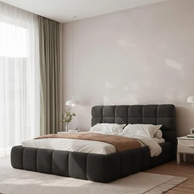 Productafbeelding van Boxspringbed BORIO 140x200, zwart, boucle stof, met bedbodem en opbergruimte