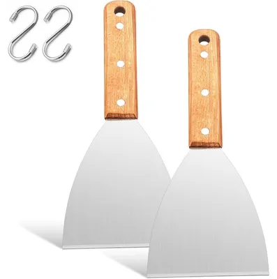 Zdjęcie produktu dla Zestaw dwóch szpatułek do grilla, wykonanych ze stali nierdzewnej z drewnianymi uchwytami, z ukośnym brzegiem, idealne do grillowania i do użytku w kuchni