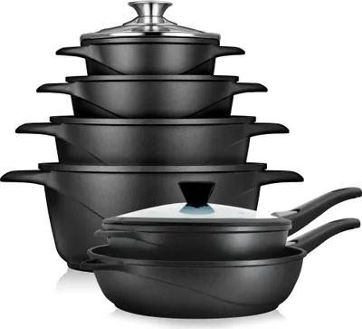 Immagine prodotto di Briebe MGK1219 Set di pentole per cottura a induzione 12 pezzi in alluminio fuso 4 pentole 2 padelle Nero