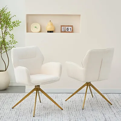 Produktbild von 2er-Set Luxus Esszimmerstühle Cremeweiß Metallbeine Drehstuhl Sessel Freizeitstuhl 53.5x45x84cm