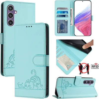 Produktbild von Leder Hülle für Samsung Galaxy S23 FE Süße Katze Flip Case Brieftasche Schutzhülle mit Standfunktion hellgrün