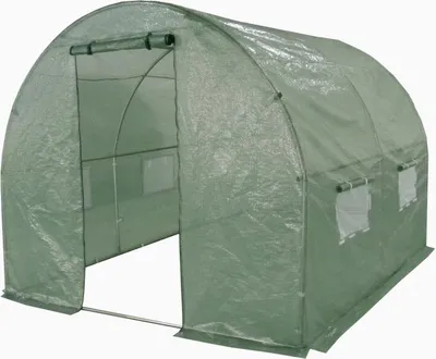 A green polyethylene tunnel greenhouse with a metal frame, shown from the front with the door open.