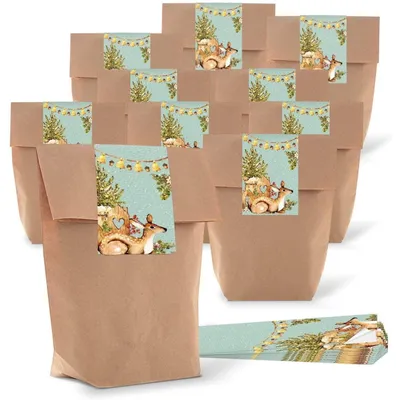 Produktbild von Logbuch-Verlag 10 braune Kreuzbodenbeutel zum Befüllen 16,5 x 26 x 6,5 cm mit Weihnachtsbanderole zum Beschriften - Geschenktüte WeihnachtenReh natur blau / 50 Stück