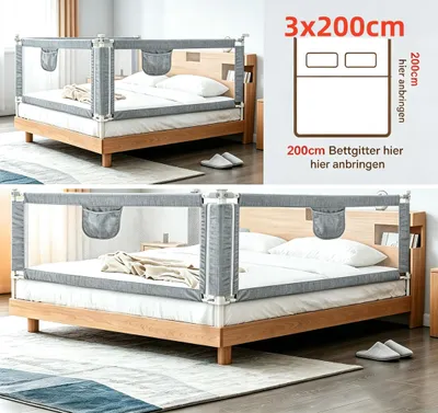 Produktbild von 3x Bettgitter 200cm Bettschutzgitter Kinderbettgitter Babybettgitter Rausfallschutz für Bett Grau (Nicht geeignet für Springbetten)