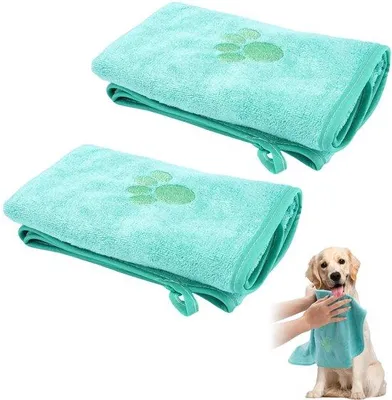 Produktbild von Unyqoos® 2er-Set grüne Mikrofaser-Haustierhandtücher 75 x 35 cm – saugstark & schnell trocknend, für kleine und mittelgroße Hunde und Katzen