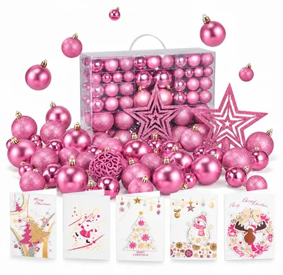 Produktbild von Weihnachtskugeln Set ONBEST Pink 128-teilig – bruchsichere Christbaumkugeln 3, 4 und 6 cm matt, glänzend und glitzernd, mit Baumspitze Stern und Aufbewahrungsbox