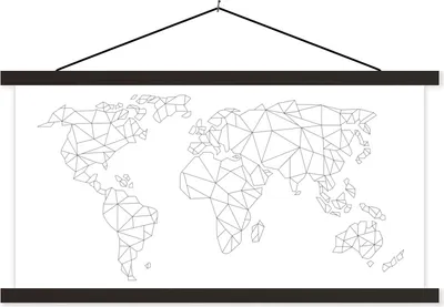 Produktbild von MuchoWow® Textilposter Weltkarte - Linie - Schwarz - Weiß 120x60 cm mit schwarzem Rahmen - Dekoration Schlafzimmer