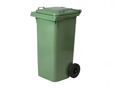 A green trash bin with wheels against a white background.