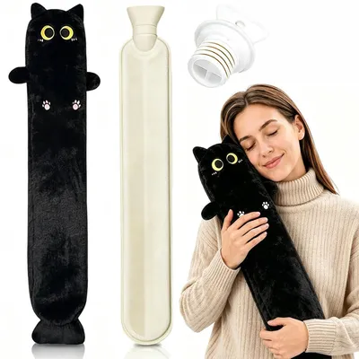 Produktbild von Lange Wärmflasche 2L, Wärmflasche mit Plüschbezug, extra langes Katzen-Design für Rücken, Nacken, Bauch und Beine,Katzen Wärmflasche 75cm,