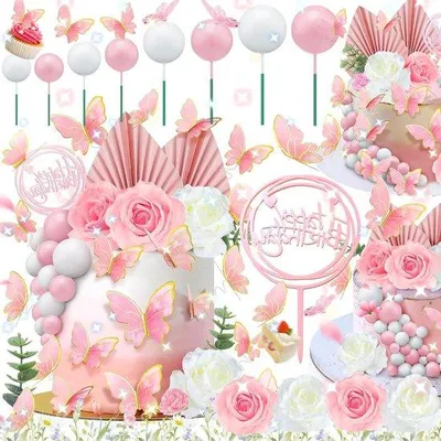 Produktbild von Famanu Tortendekoration Set 52 Teile - Romantische Schmetterlinge und Ballons