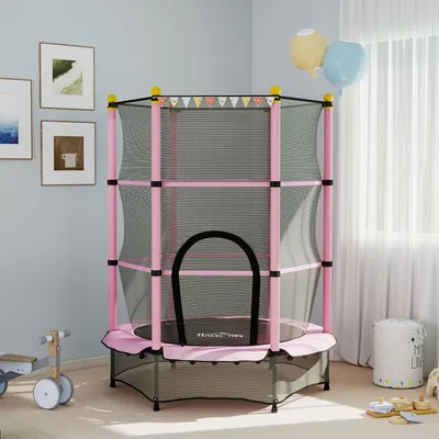 Produktbild von Kindertrampolin mit Sicherheitsnetz, Ø140 cm, federlos, Stahl, Kunststoff, Rosa | 140x140x190 cm | bis 50 kg | für innen und außen