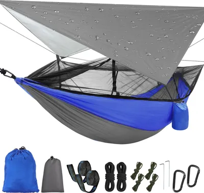 Produktbild von Topchances Camping Hammock s moskytiérou a plachtou, cestovní plachta pro outdoor, turistiku, treking (šedá + modrá)