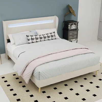 Produktbild von MODFU Doppelbett 140 x 200 Polsterbett mit LED-Kopfteil,Jugendbett Bettgestell mit verstellbare Rückenlehne und farbwechselnde Beleuchtung,ohne Matratze,Beige
