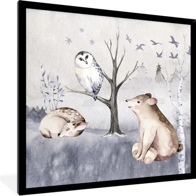 Produktbild von MuchoWow® Gerahmtes Poster Tiere - Winter - Hirsche 40x40 cm - Poster mit Schwarzem Bilderrahmen Wandposter Rahmen Foto Bilder - Mit Rahmen - Wanddekoration Schlafzimmer