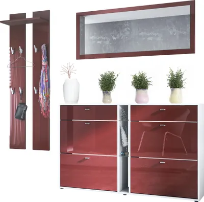 Produktbild von Vladon Garderoben-Set Orlando mit Schuhschrank, Germany, Wandpaneel und Wandspiegel, Weiß matt/Bordeaux Hochglanz