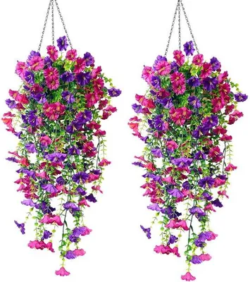 Immagine prodotto di Piante artificiali pendenti da 76 cm con petunie: fiori artificiali pendenti dall'aspetto realistico, ideali per la decorazione di balconi, terrazze e giardini