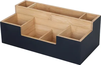 Produktbild von Relaxdays Schreibtisch Organizer, 7 Fächer, HxBxT: 11x30x15 cm, Bambus, Büraufbewahrung, Schreibtischbox, schwarz/natur