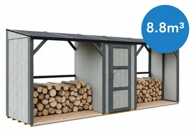 Productafbeelding van TIMBELA M986-TUNDRA CAVERN Dubbele Houtopslag met Afgesloten Bergruimte 6,49 m², twee houtopslagzones met een totale capaciteit van 8,8 m³