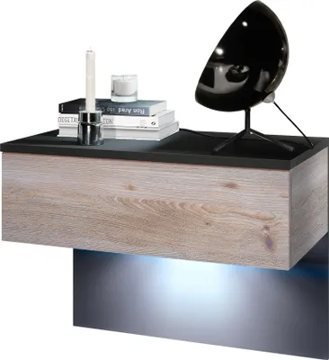 Produktbild von Vladon Nachttisch Sleep,  Germany, Nachttischschrank mit Schublade zur Wandmontage, Schwarz matt/Eiche Nordic, inkl. LED-Beleuchtung (60 x 46 x 35 cm)