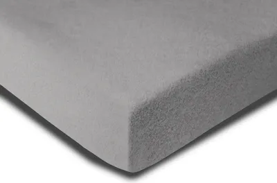 A close-up, angled view of a gray fleece fitted sheet, showing its texture and corner.