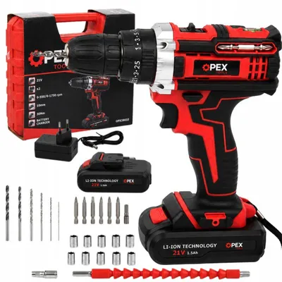 Zdjęcie produktu dla Opex Tools 28033: akumulatorowa wiertarko-wkrętarka, 21 V, 2 akumulatory, zestaw akcesoriów i walizka