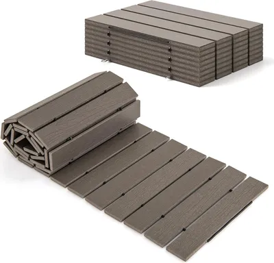 Produktbild von GOPLUS Rollweg, 242 x 43 cm Gartenweg Gartentritt wetterfest aus HDPE mit Holzoptik, Dekorative Holztritt Holzweg Gartenrollweg ausrollbar, Grau
