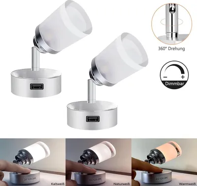 Produktbild von Rosikey Wandleuchte, dimmbar, drehbar, 3 Lichtfarben, Touch-Schalter, USB-Anschluss – Leselampe & Nachtlicht für Wohnmobile & Schiffe, 2 Stück, LED 3W, Aluminium & Acryl, silbern, 6x6x2 cm, Ø 4,7 cm, blendfrei, hocheffizient