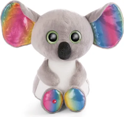 A plush koala toy with large green eyes and rainbow-colored ears and feet, sitting on a white background.
