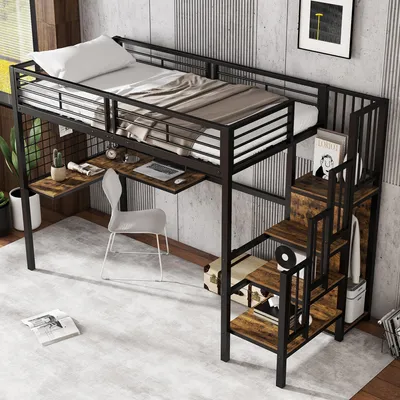Immagine prodotto di Letto a soppalco Abrihome 90x200 cm con scaletta, tavolino e armadio, letto per bambini con scaffale, nero