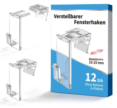 12er-Set transparente Fensterhaken, Klemmbereich 10-25 mm, für Lichterketten