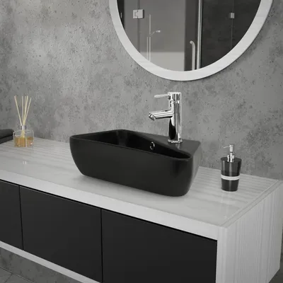 Produktbild von LuxeBath Waschbecken Aufsatzwaschbecken Eckig, 45x27x13 cm, Schwarz, aus Keramik, Hahnloch rechts