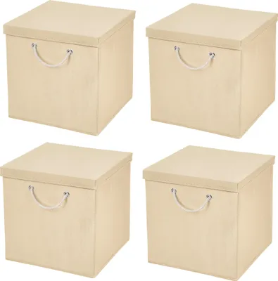Produktbild von 4 Stück Creme Faltbox 30 x 30 x 30 cm Aufbewahrungsbox faltbar mit Kordel und mit Deckel