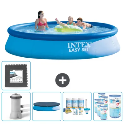 Produktbild von Intex runder aufblasbarer Easy Set-Schwimmpool – 396 x 84 cm – Blau – inklusive Pumpe Abdeckung - Wartungspaket - Filter - Bodenfliesen
