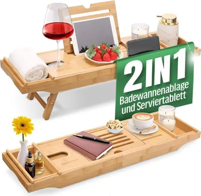 Produktbild von Badewannenablage Badewannentablett Ablage Badewanne - Extragroß mit ausklappbarem Ständer